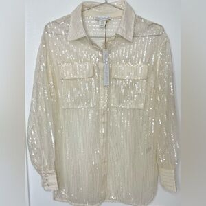 House of Harlow 1960 Cream Sequin Button-Down Shirt